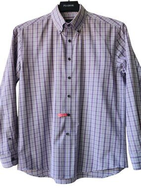 Medium Plaid Traveler Shirt Burgundy Purple Tailored Fit Mens Size M Cotton Tech